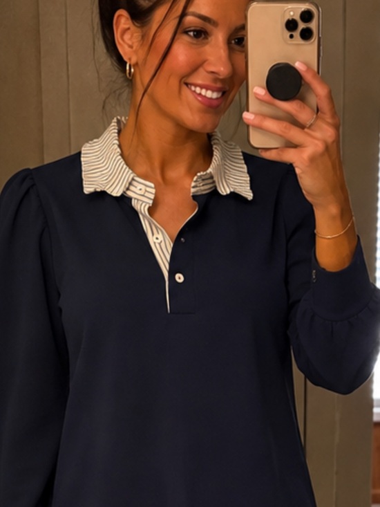 entro Tops - entro Navy Tunic Top with Striped Contrast Collar